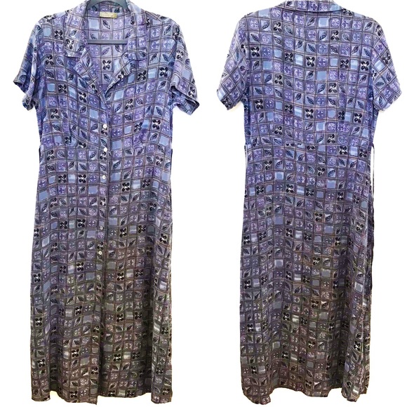 Territory Ahead Maxi dress Silk Shades of blue, grey & black Button SS Tie NWOT - Picture 3 of 7